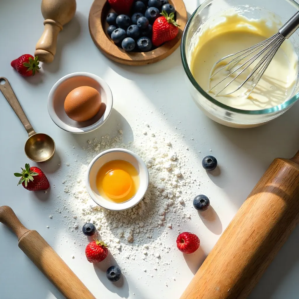 Overhead Kitchen Prep: Eggs, Flour and Berries