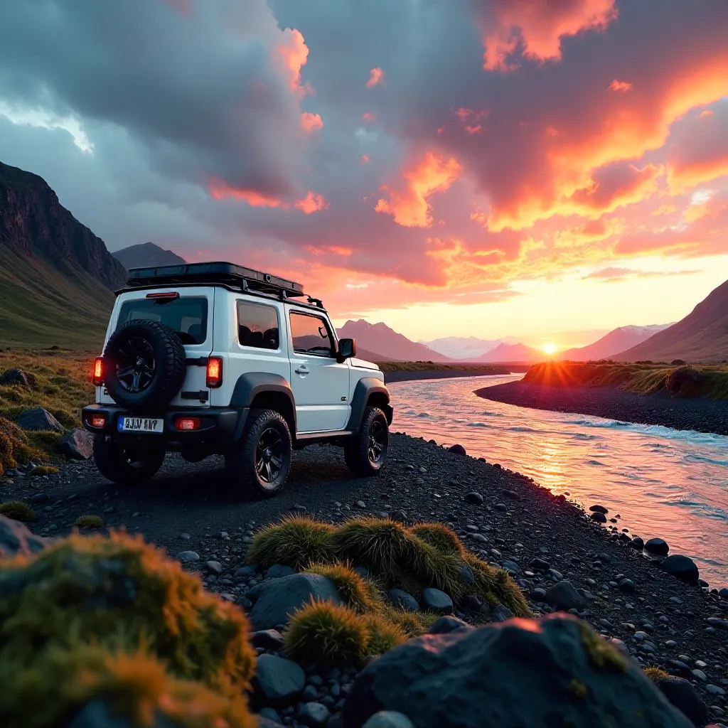 White Suzuki Jimny at Icelandic Sunset by the River