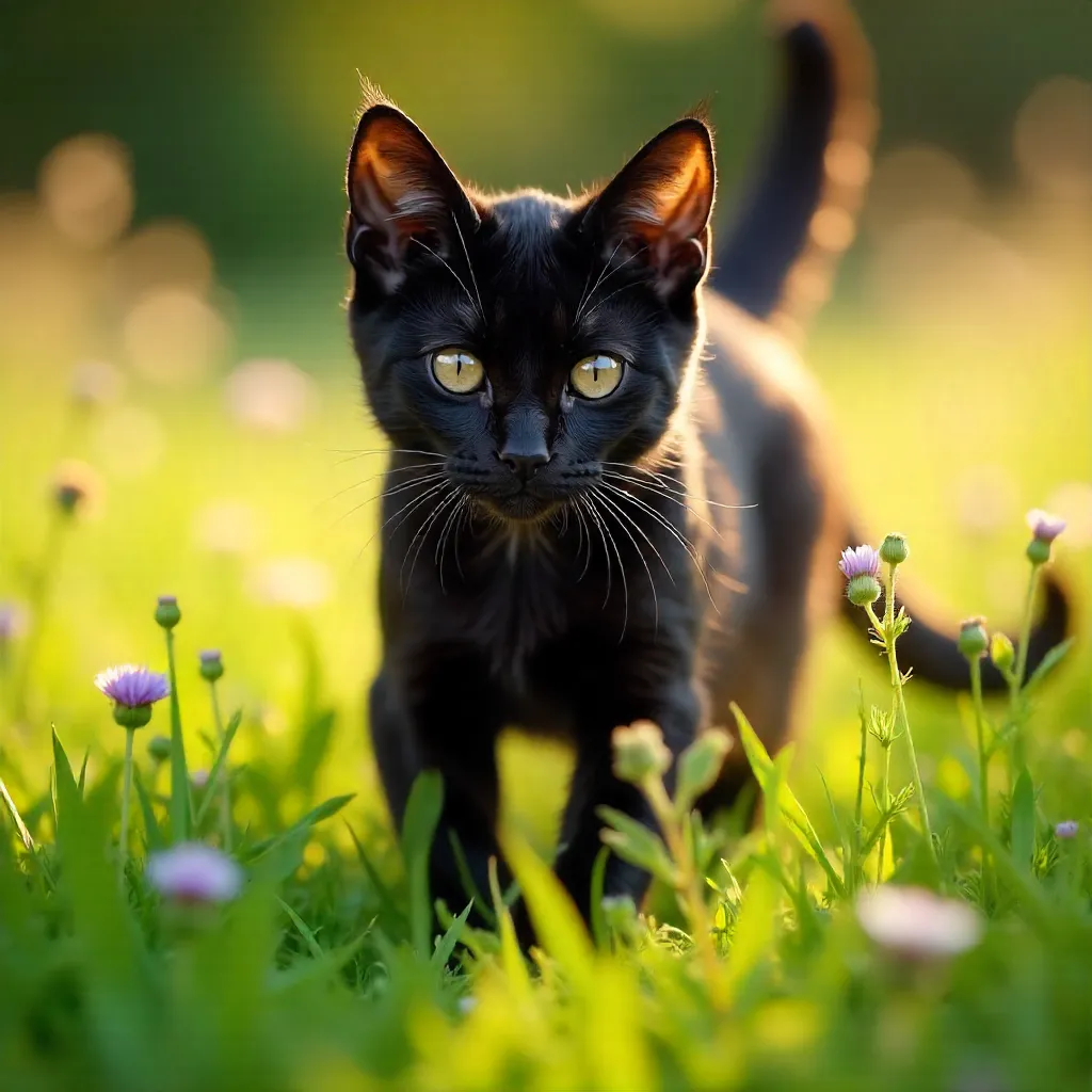 Emergent Grace: Close-Up Black Cat in Meadow