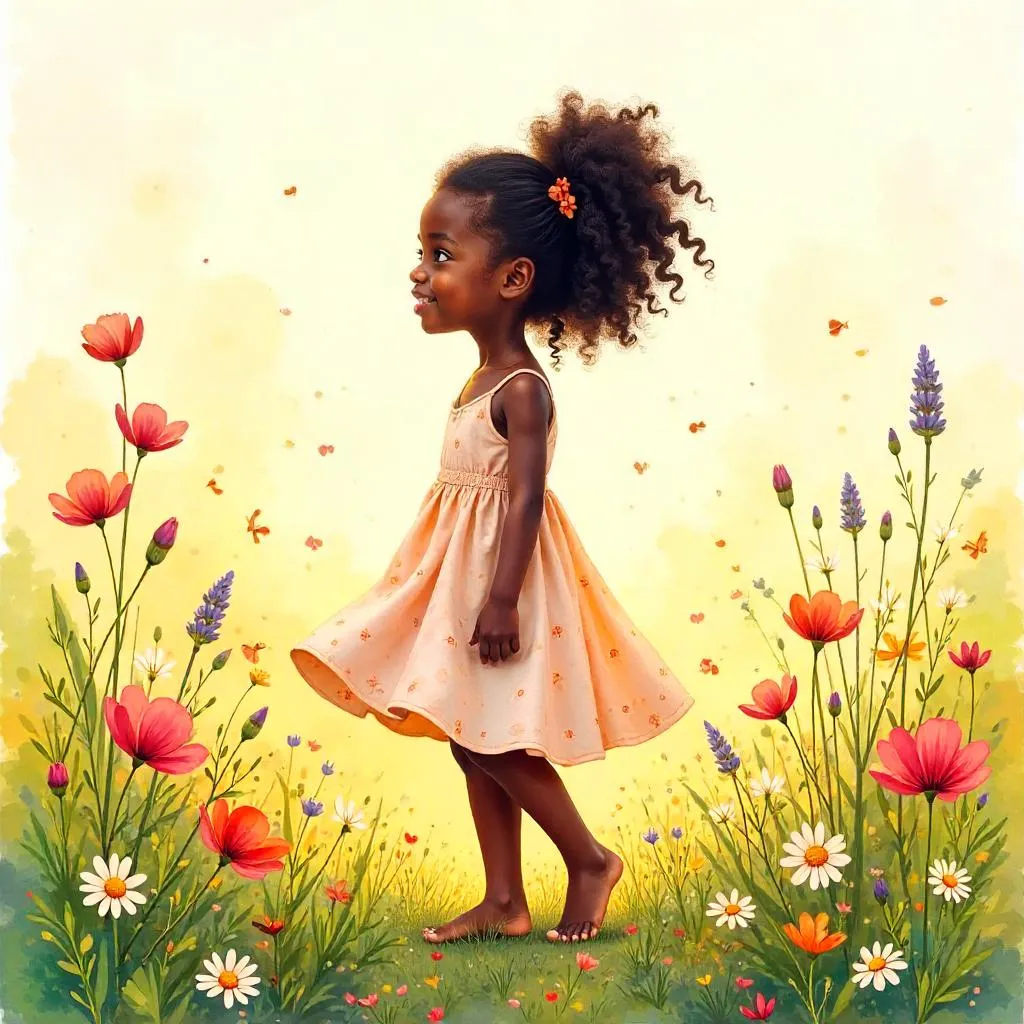 Watercolor Portrait: Black Girl in a Field of Wildflowers