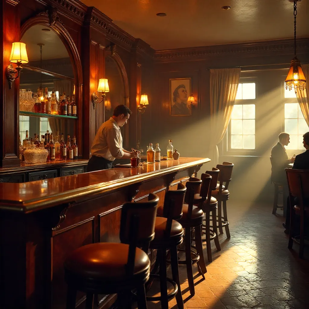 Warm Vintage Bar Interior with Wooden Stools