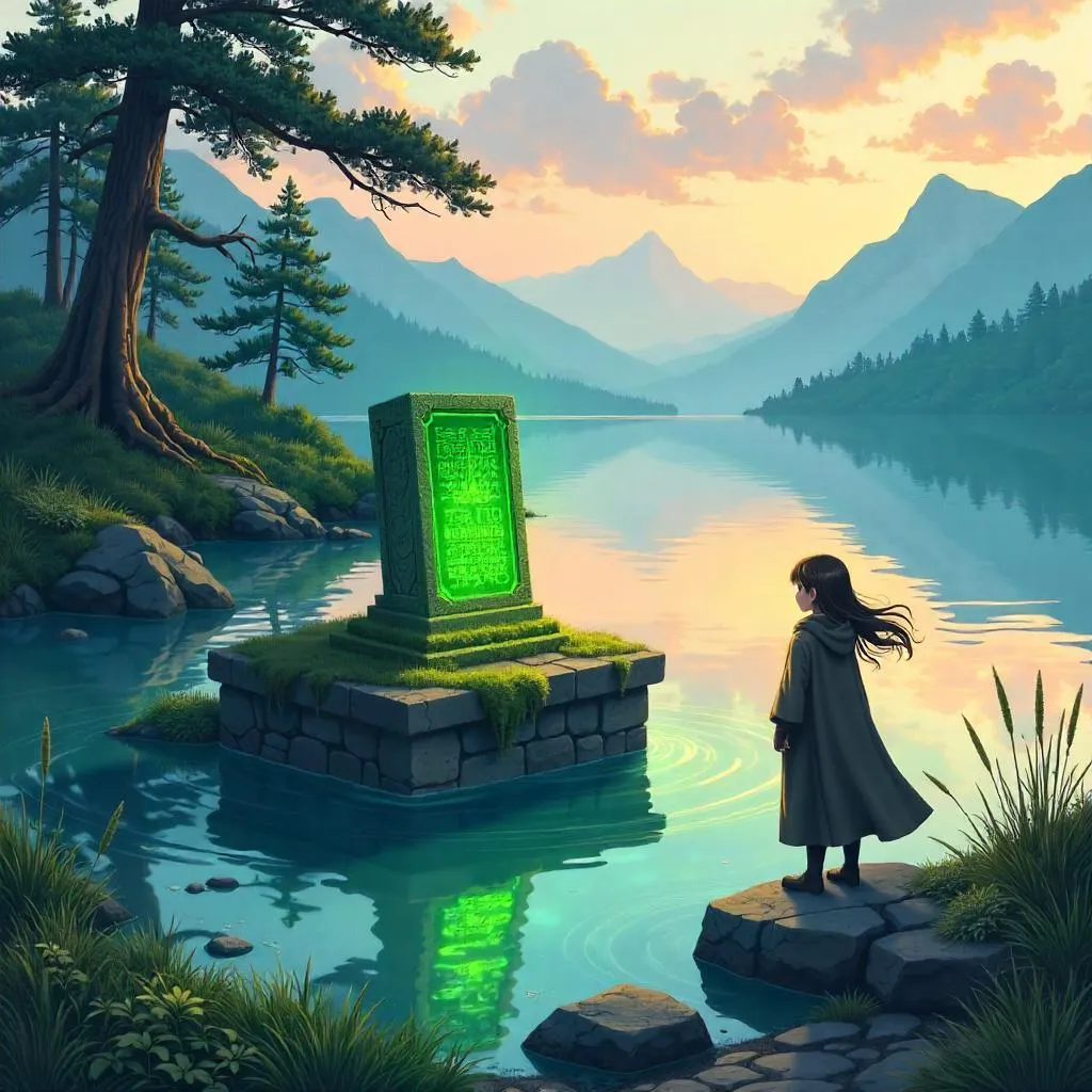 Ancient Artifact by the Lake in Anime Style