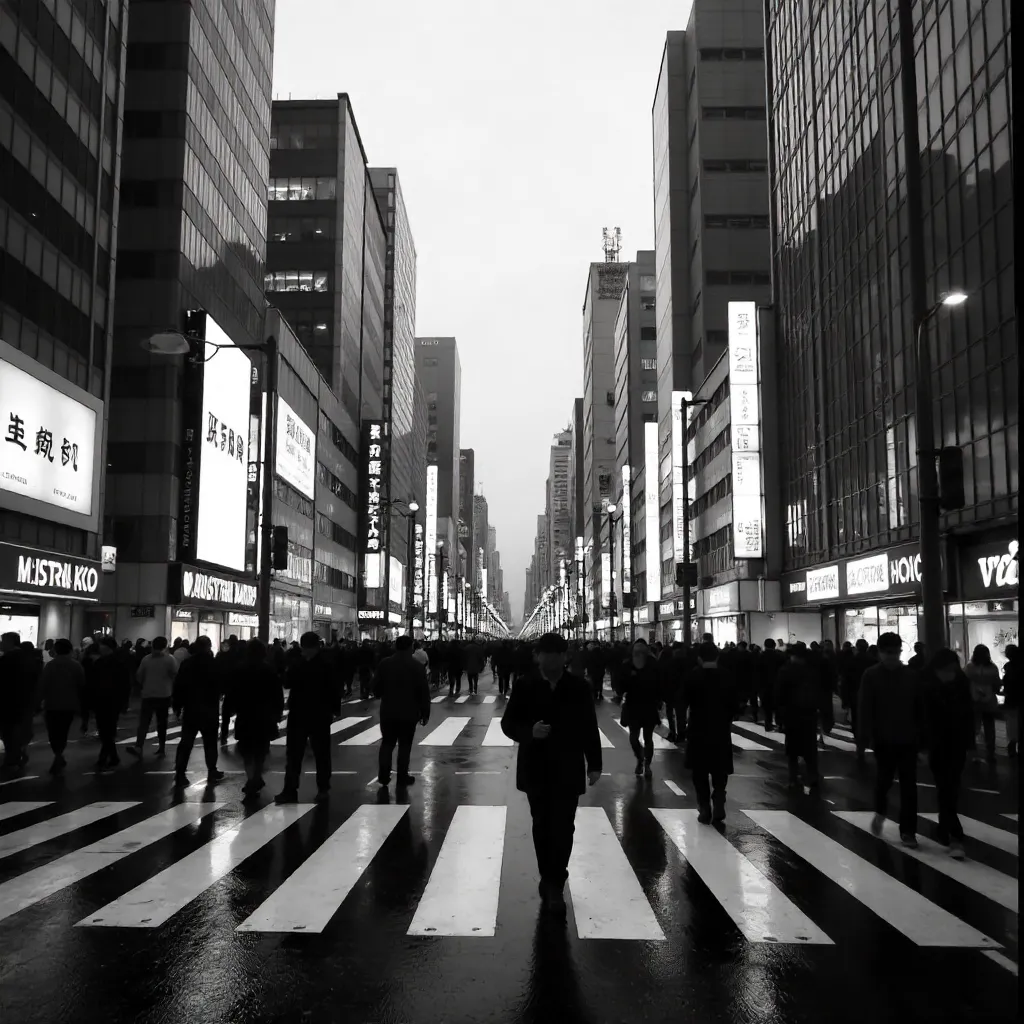 Monochrome Tokyo Street: Crowds and Modern Towers