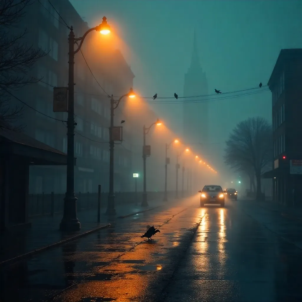 Fogbound Street with Cars and Streetlights