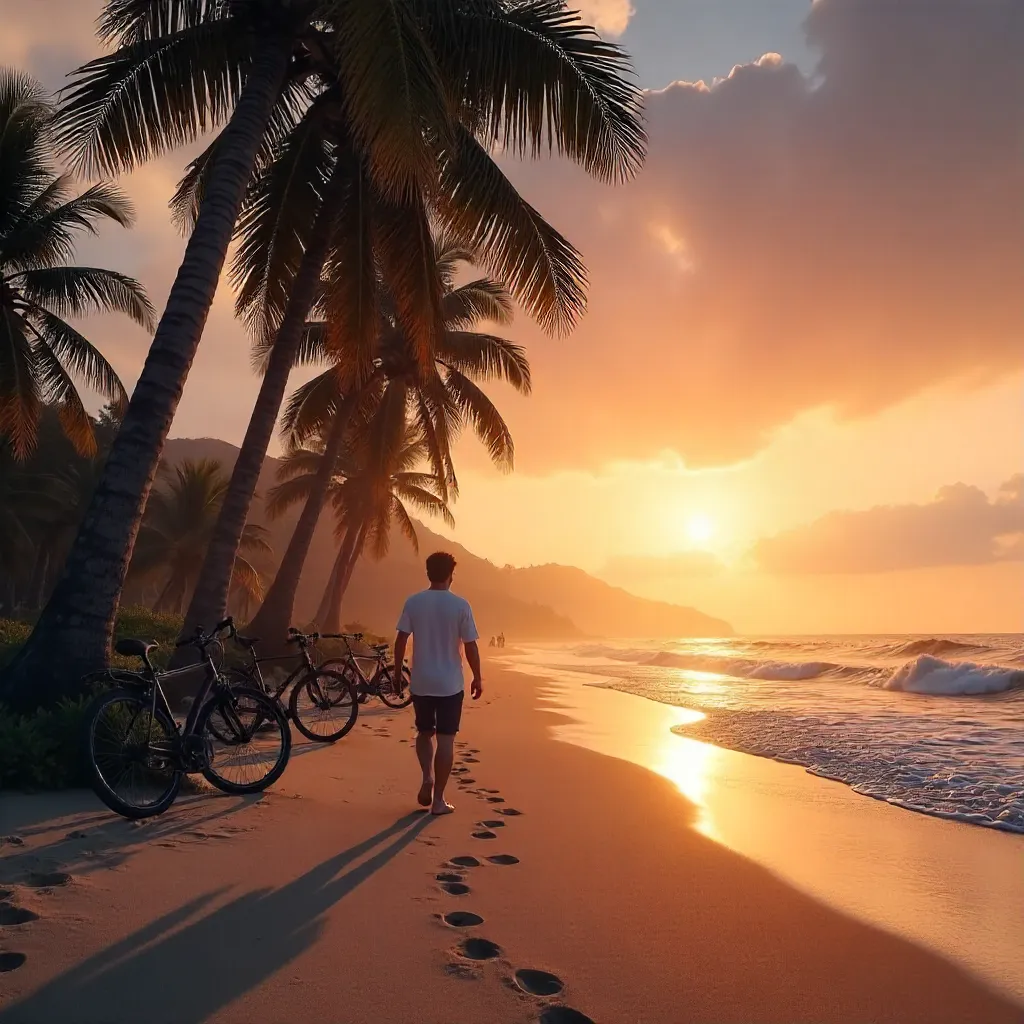 Sunset Beach Walk with Palm Trees and Bicycles