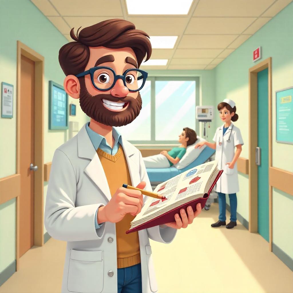 Cartoon Scholar in a Bright Hospital